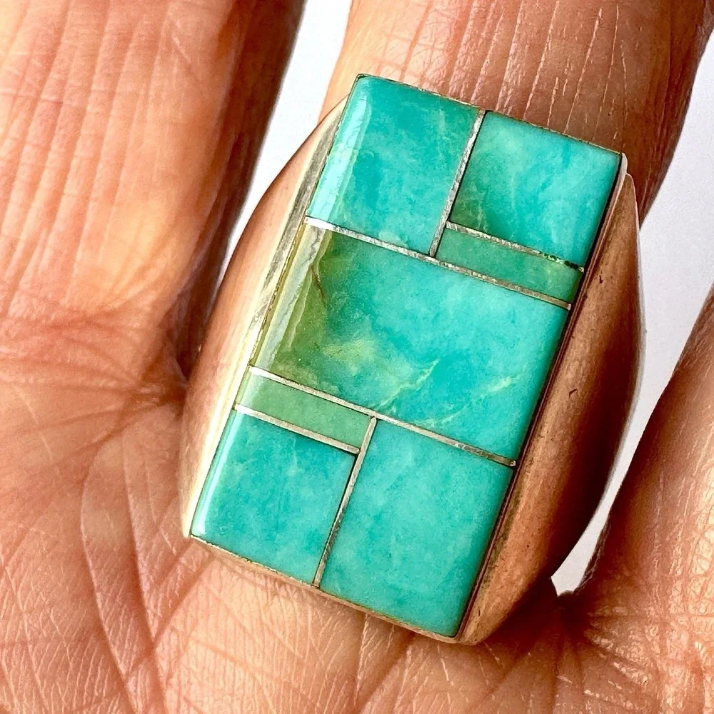 Navajo Turquoise Mens Ring Sz 13 Signed WG Sterling Inlay Rect‎ Native American